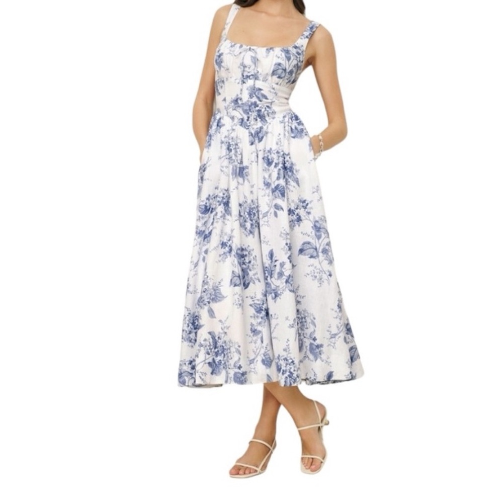 Reformation White and Blue Floral Midi Dress